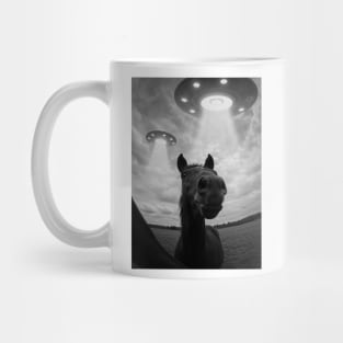 Funny Horse Selfie with UFOs on a Farm Mug